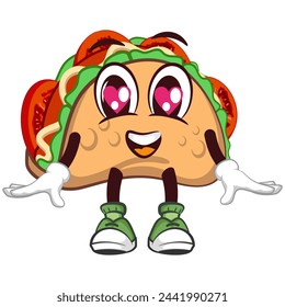 Emoticon lindo del personaje de la mascota del taco con una cara linda que está en el amor, mascota linda del taco