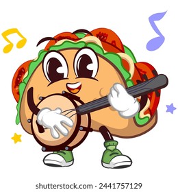 cute taco mascot character emoticonplaying banjo guitar, cute taco mascot