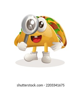 Cute taco mascot conducting research, holding a magnifying glass. Perfect for food store, small business or e-Commerce, merchandise and sticker, banner promotion, food review blog or vlog channel
