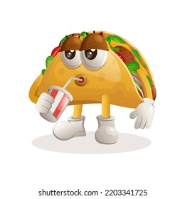 Cute taco mascot drinking soda, cola. Perfect for food store, small business or e-Commerce, merchandise and sticker, banner promotion, food review blog or vlog channel
