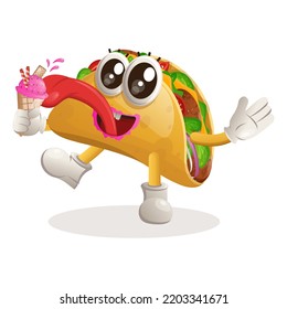 Cute taco mascot eat ice cream, ice cream cone. Perfect for food store, small business or e-Commerce, merchandise and sticker, banner promotion, food review blog or vlog channel
