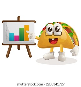 Cute taco mascot gives report presentation, shows column graphics. Perfect for food store, small business or e-Commerce, merchandise and sticker, banner promotion, food review blog or vlog channel
