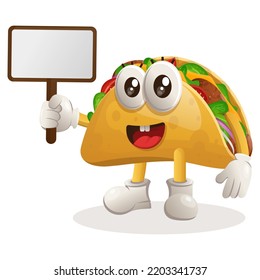 Cute taco mascot holding billboards for sale. Perfect for food store, small business or e-Commerce, merchandise and sticker, banner promotion, food review blog or vlog channel
