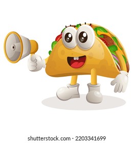 Cute taco mascot holding megaphone. Perfect for food store, small business or e-Commerce, merchandise and sticker, banner promotion, food review blog or vlog channel
