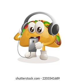 Cute taco mascot listening music on a smartphone using a headphone. Perfect for food store, small business or e-Commerce, merchandise and sticker, banner promotion, food review blog or vlog channel
