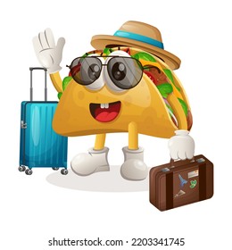 Cute taco mascot on vacation carrying a suitcase. Perfect for food store, small business or e-Commerce, merchandise and sticker, banner promotion, food review blog or vlog channel
