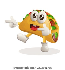 Cute taco mascot playful with pointed hand. Perfect for food store, small business or e-Commerce, merchandise and sticker, banner promotion, food review blog or vlog channel
