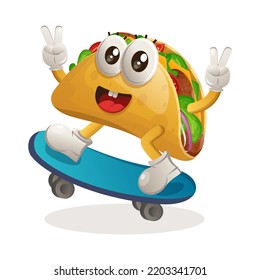 Cute taco mascot playing skateboard, skateboarding. Perfect for food store, small business or e-Commerce, merchandise and sticker, banner promotion, food review blog or vlog channel
