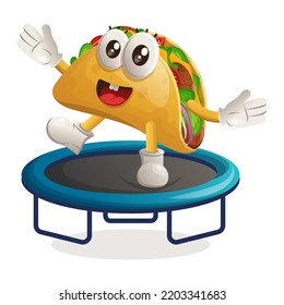 Cute taco mascot playing trampoline game. Perfect for food store, small business or e-Commerce, merchandise and sticker, banner promotion, food review blog or vlog channel
