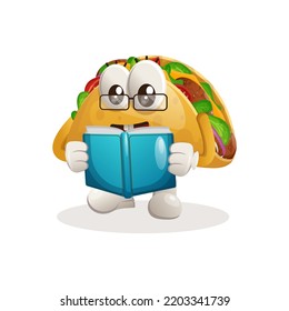 Cute taco mascot reading a book. Perfect for food store, small business or e-Commerce, merchandise and sticker, banner promotion, food review blog or vlog channel
