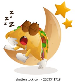 Cute taco mascot sleeping, sleeping on the moon. Perfect for food store, small business or e-Commerce, merchandise and sticker, banner promotion, food review blog or vlog channel
