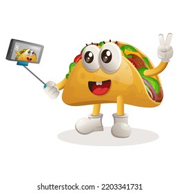 Cute taco mascot takes a selfie with smartphone. Perfect for food store, small business or e-Commerce, merchandise and sticker, banner promotion, food review blog or vlog channel
