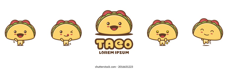 cute taco mascot, vegetable cartoon illustration, with different facial expressions and poses, isolated on white background