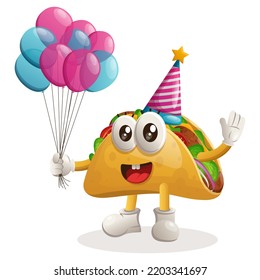 Cute taco mascot wearing a birthday hat, holding balloons. Perfect for food store, small business or e-Commerce, merchandise and sticker, banner promotion, food review blog or vlog channel
