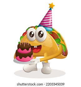 Cute taco mascot wearing a birthday hat, holding birthday cake. Perfect for food store, small business or e-Commerce, merchandise and sticker, banner promotion, food review blog or vlog channel
