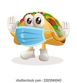 Cute taco mascot wearing medical mask, protect from covid-19. Perfect for food store, small business or e-Commerce, merchandise and sticker, banner promotion, food review blog or vlog channel
