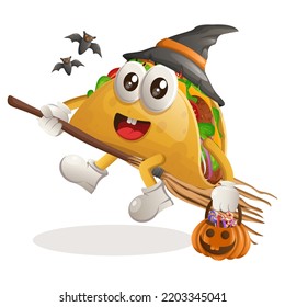 Una bruja de taco lindo con calabaza de halloween con caramelos. Perfecto para tiendas de alimentos, pequeñas empresas o comercio electrónico, mercadería y emoticones, promoción de banners, blog de revisión de alimentos o canal
