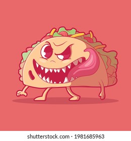 Cute Taco Monster vector illustration. Food, funny, mascot design concept.