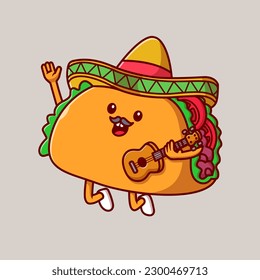 Cute Taco with Sombrero Hat and Guitar Cartoon Vector Icon Illustration. Food Holiday Icon Concept Isolated Premium Vector. Flat Cartoon Style
