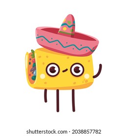 Cute taco in sombrero vector cartoon mexican food character isolated on a white background.