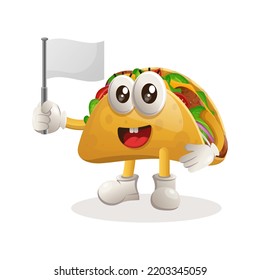 Cute taco waving white empty flag. Perfect for food store, small business or e-Commerce, merchandise and sticker, banner promotion, food review blog or vlog channel
