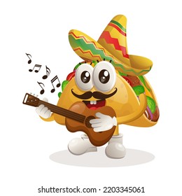 Cute taco wearing mexican hat with playing guitar. Perfect for food store, small business or e-Commerce, merchandise and sticker, banner promotion, food review blog or vlog channel
