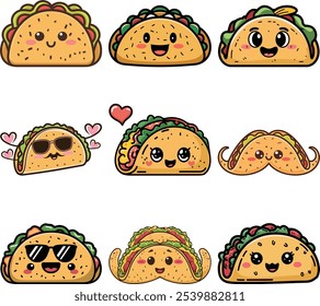 Cute Tacos Illustration Set, Funny food concept. Mexico stereotype drawing. 