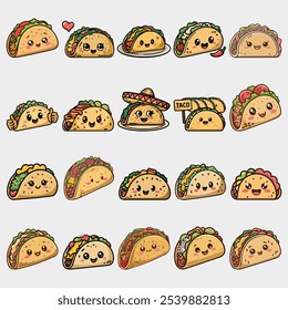 Cute Tacos Illustration Set, Funny food concept. Mexico stereotype drawing. 