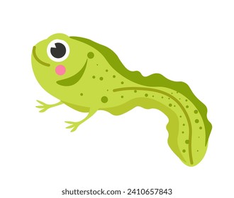 Cute tadpole or polliwog swimming in water. Little baby frog floating. Amphibian, adorable froggy animal. Isolated happy smiling larval character with legs, aquatic reptile. Vector in flat style