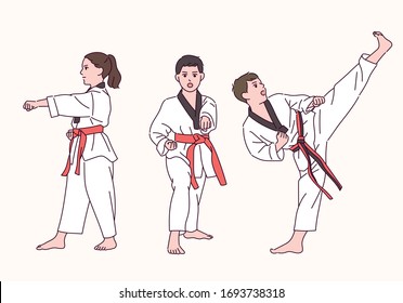 Cute Taekwondo boy and girl. hand drawn style vector design illustrations. 