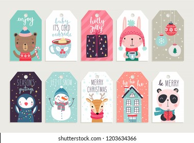 Cute tags with christmas animals. Hand drawn characters in winter clothes. Vector illustration.