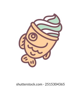 Cute taiyaki ice-cream icon. Hand drawn illustration of a fish-shaped dessert isolated on a white background. Japanese street food. Kawaii sticker. Vector 10 EPS.