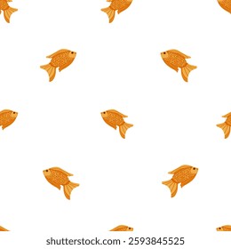 Cute taiyaki vector seamless pattern. Hand drawn illustration of a fish-shaped sweet filling cake isolated on a white background. Japanese street food. Simple backdrop for print, textile, decor