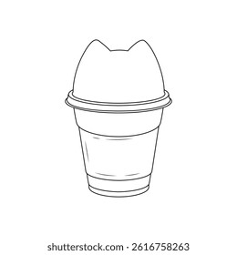 Cute takeaway coffee cup with cat ears lid in black and white. Fun line art for coloring pages, cafe branding, kawaii designs, or cozy lifestyle themes.