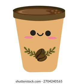 Taza de café linda para llevar con la hoja y el arte del Clip de la decoración del grano Conveniente para la ilustración gráfica del diseño plano, arte del Clip, con el tema del café