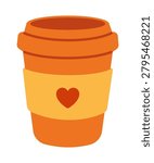 Cute takeaway coffee cup in warm autumn colors. Flat style hot drink illustration with heart label for cafe branding, cozy seasonal design, stickers, menu and packaging.