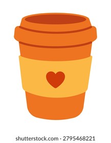 Cute takeaway coffee cup in warm autumn colors. Flat style hot drink illustration with heart label for cafe branding, cozy seasonal design, stickers, menu and packaging.