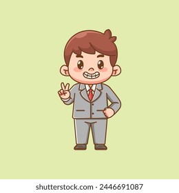 Cute takes note businessman suit office workers kawaii chibi character mascot illustration outline style design set