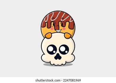 Cute Takoyaki cartoon character hiding in skull illustration in flat modern design