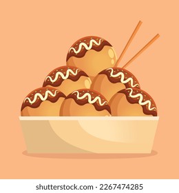 Cute takoyaki illustration. Japanese traditional food or snack illustration vector for poster, wallpaper, printable decorative. Cartoon flat design art pastel colors on colorful background template.