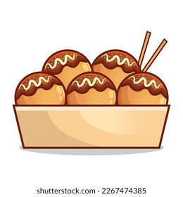 Cuta ilustración de takoyaki. Vector de ilustración de comida tradicional japonesa o bocadillos para afiches, papel pintado, decorativo imprimible. Dibujo de diseño plano arte colores pastel sobre plantilla de fondo blanco.