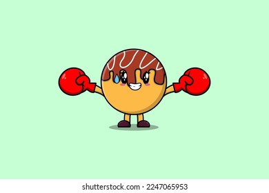 Cute Takoyaki mascot cartoon playing sport with boxing gloves and cute stylish design