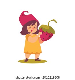 Cute tale cartoon girl gnome with strawberry in hands. Funny fantasy female character for design of holiday greeting cards. Flat vector illustration isolated on white.
