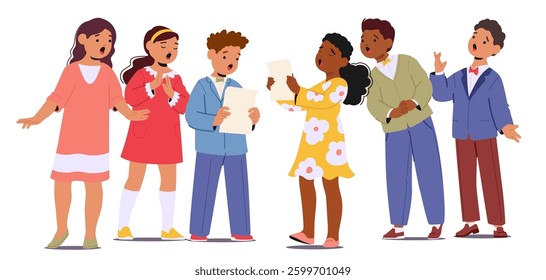 Cute talented preschool kids cartoon characters singing song in choir standing together isolated on white. Music school little children participants showcasing vocal performance vector illustration