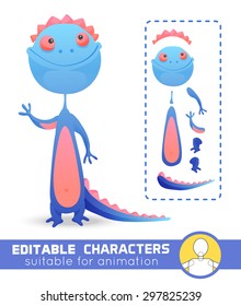 Cute tall blue monster with big head and smile Suitable for animation, video and games. Neutral, negative or positive editable character.You can change color, position of body parts, and size.