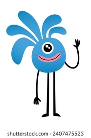 Cute tall blue monster creature with one big eye, waving its hand. Hand drawn isolated vector illustration