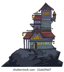 Cute tall fantastic house at night, isolated, vector illustration