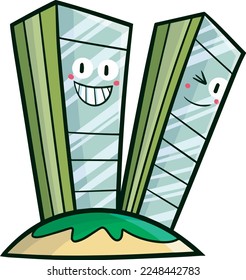 Cute tall green blue hotel cartoon character. Concept for hotel branding.