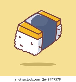 Cute tamago sushi vector illustration with adorable face in cartoon style. Suitable for Japanese food design, kids menu, sticker, mascot, or kawaii-themed project. Simple, clean, and colorful.