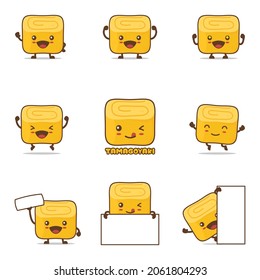 Cute tamagoyaki cartoon, japanese food vector illustration, with happy facial expressions and different poses, isolated on a white background